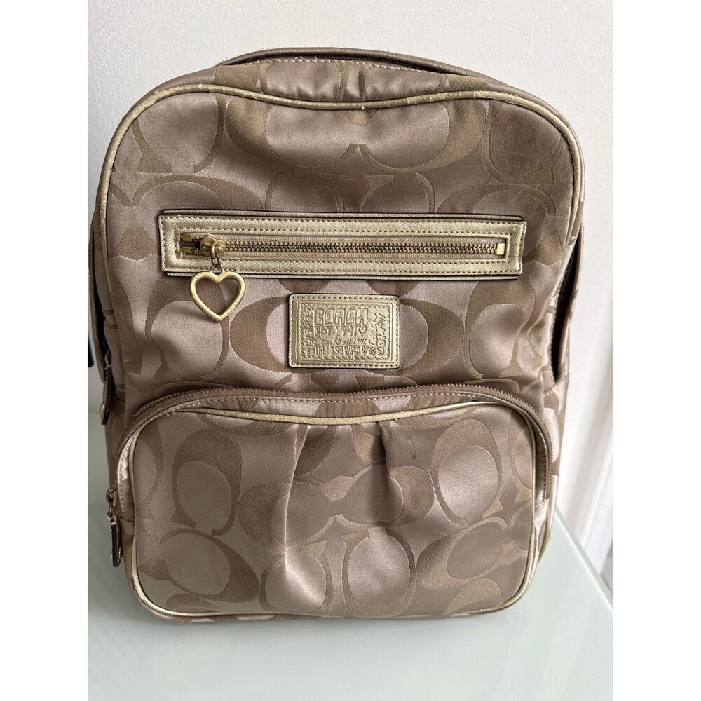 Coach Signature Backpack Beige Gold Jacquard Mini Bag Heart Charm
